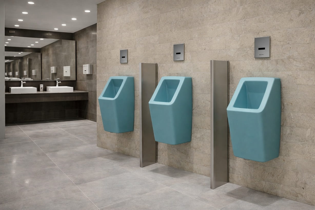 Modern commercial men's restroom with blue wall-mounted urinals and stainless steel dividers near sink area with mirrors